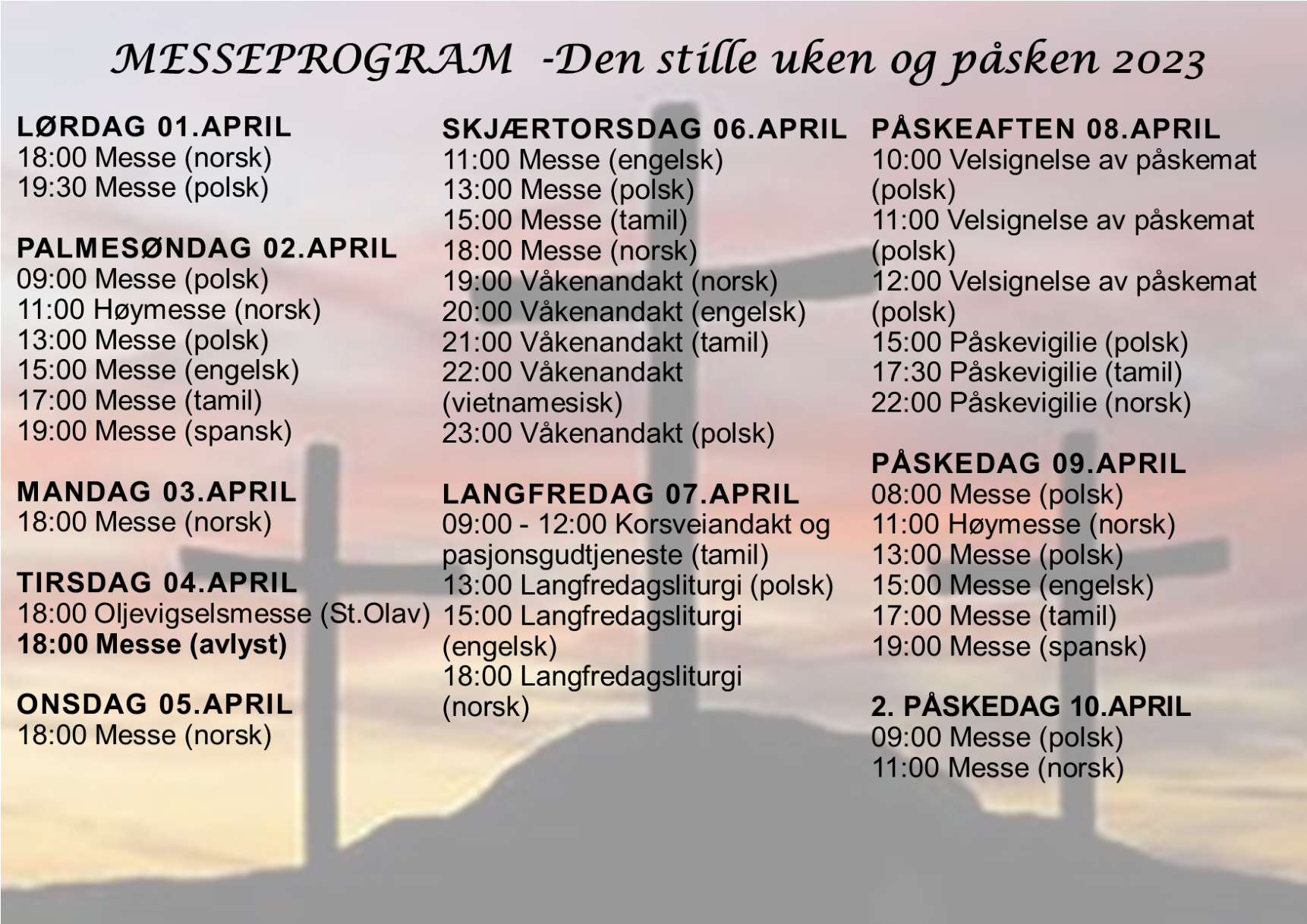 Read more about the article MESSEPROGRAM FOR DEN STILLE UKE OG PÅSKE 2023